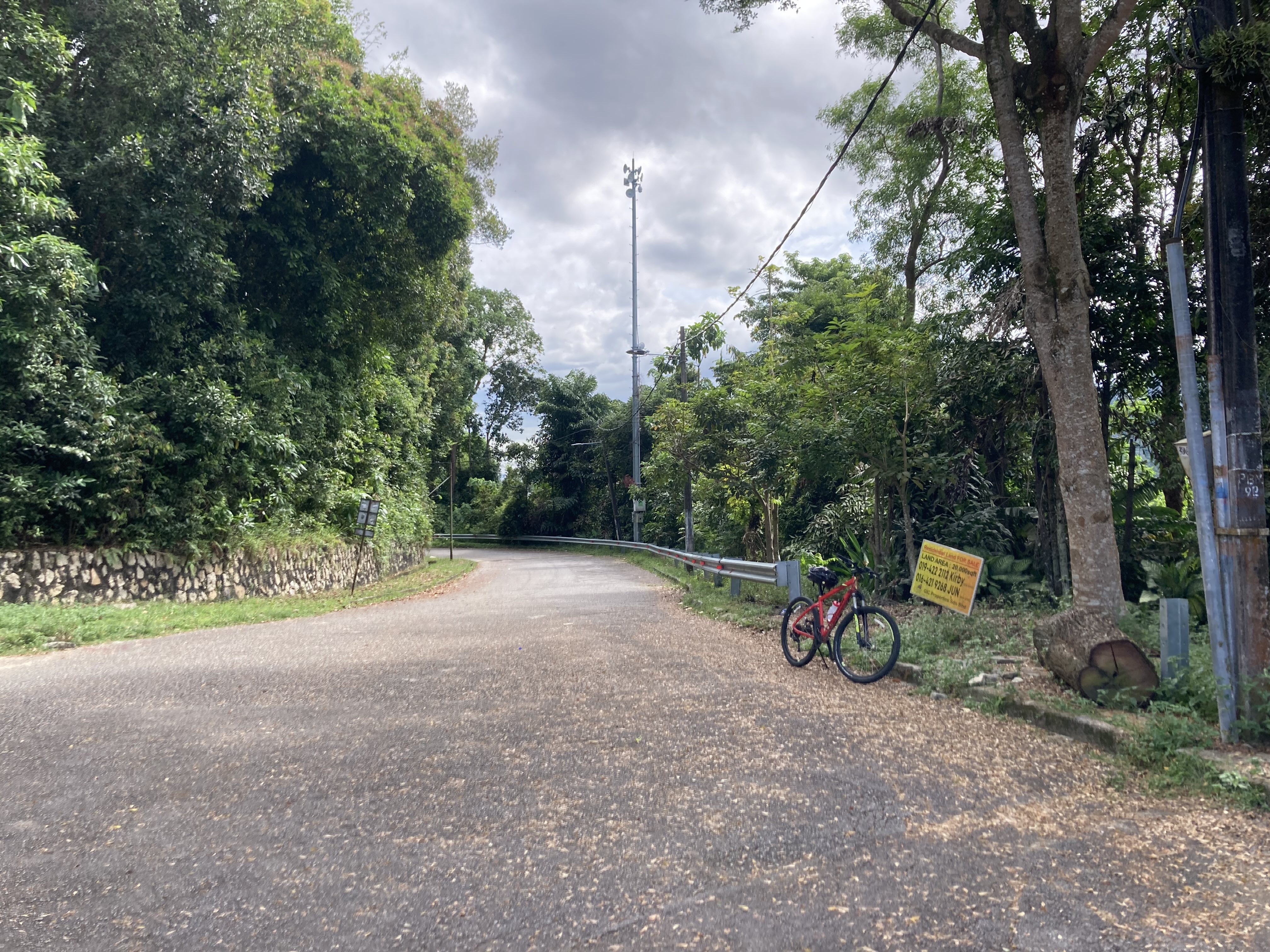 The view from the top of Pearl Hill, looking back down the path. My bicycle is standing to the right side of the road.